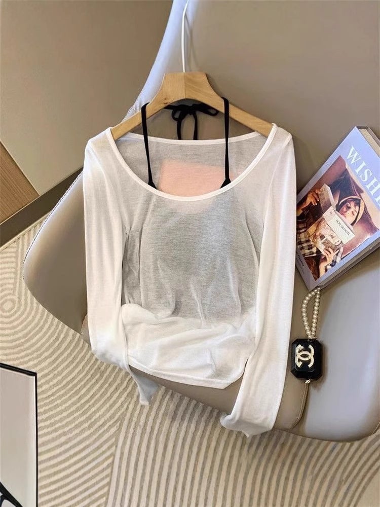 [Ready Stock In Our Own Factory] Hollow Pleated Women'S Sun Protection Knitted Blouse Long-Sleeved Suspender Thin Vest Two-Piece Set - Image 2